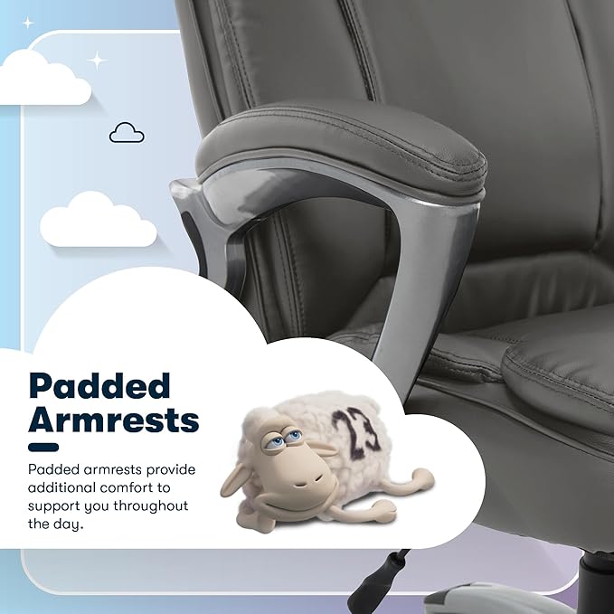 Serta Fairbanks Big and Tall Executive Office Chair - Ergonomic High Back Computer Desk Chair with Lumbar Support, Memory Foam Seat Cushion, Padded Armrests, Bonded Leather, 350 lb Capacity - Gray