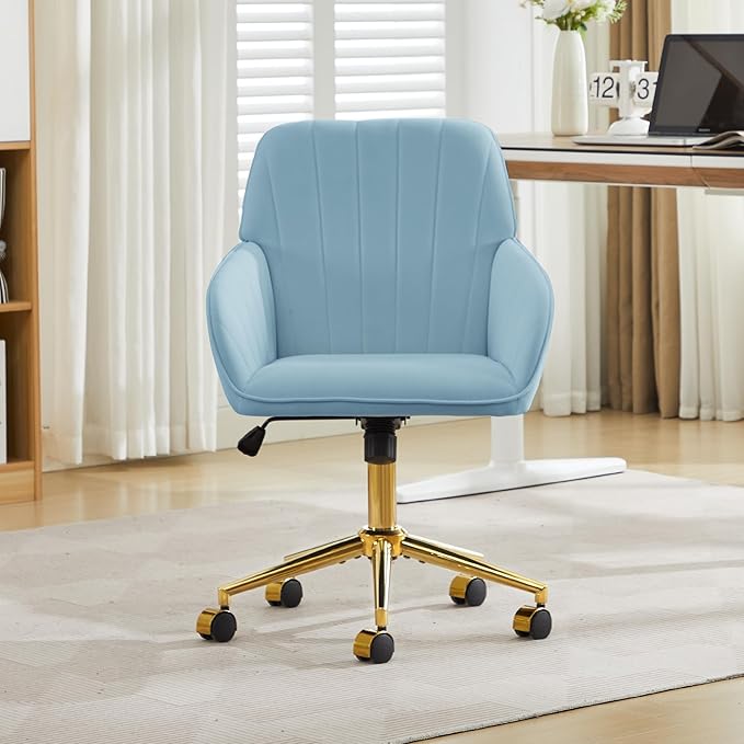 YITAI Velvet Office Desk Armchairs with Gold Base and Wheels,Modern Height Adjustable 360 Degree Swivel Upholstered Vanity Chairs for Living/Room Bedroom/Study,Light Blue