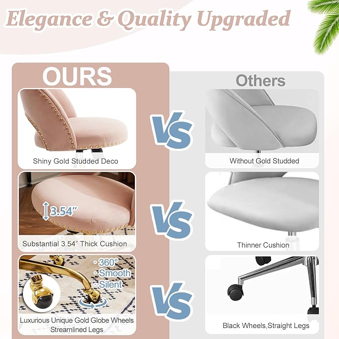 VINGLI Modern Velvet Small Office Chair,Cute Desk Chair with Wheels,Gold Base/Studs, Comfy Armless Swivel Vanity Task Chair for Women/Girl/Kids, Nail Tech Chair for Bedroom,Small Space,Pink