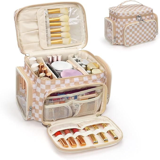 Large Makeup Bag, Portable Travel Makeup Bag Organizer for Women Girls with Makeup Brush Compartment & Two Side Pockets, Cosmetic Travel Bag Vertical Storage Toiletry- Checkerboard