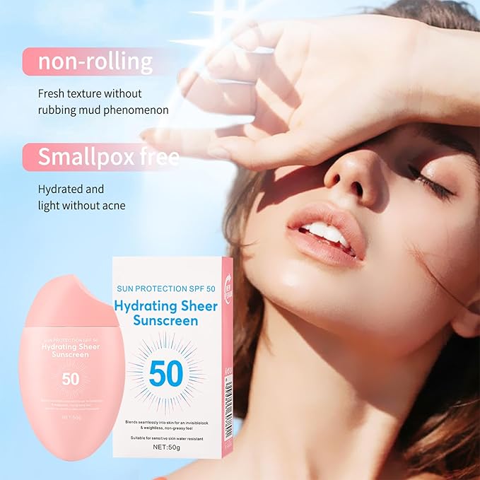 Sunscreen SPF 50+ 50g, Hydrating Sheer Face Sunscreen, Waterproof & Lightweight Water Gel, Non-Greasy, No White Cast, for Sensitive Skin Daily Use