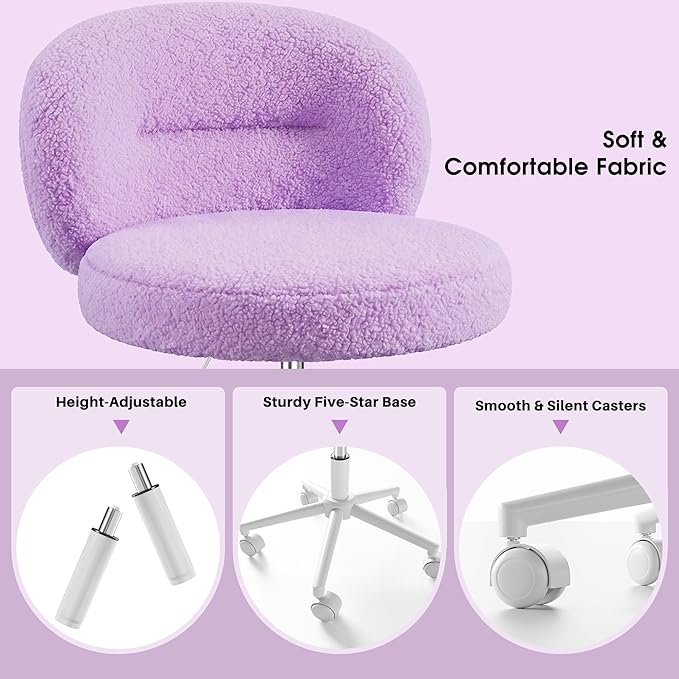 Small Round Vanity Chair, Armless Home Office Desk Chairs with Back, Height Adjustable & 360° Swivel, Cute Comfy Vanity Computer Chair for Bedroom, Home Office, Purple