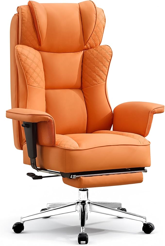 Big and Tall Office Chair, High-Back Leather Executive Reclining Chair with Footrest, Ergonomic Wide Computer Desk Chairs, Comfy Gaming Chair with Lumbar Support and Adjustable Padded Armrests(Orange)