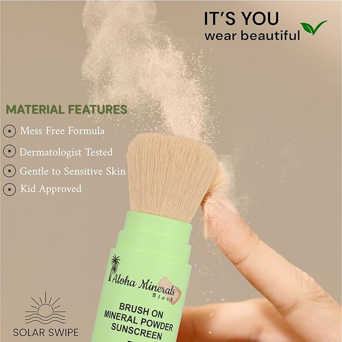 Aloha Minerals Block Brush-On Mineral Powder Sunscreen For Face, SPF 50, Water Resistant, Broad Spectrum, Natural Mineral Blend, Oil Abrosbent, Tropical Scent, Carrot Seed Extract, 0.21oz