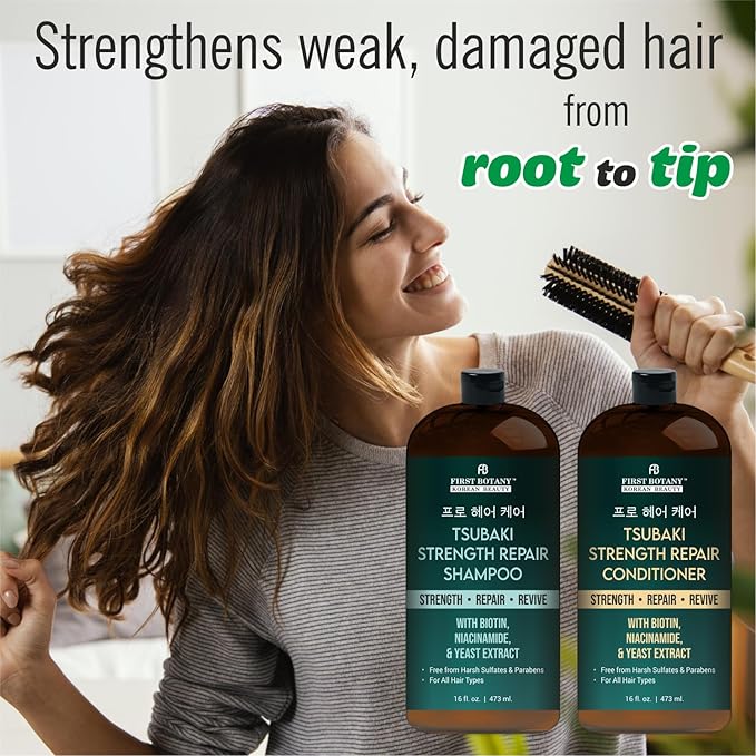 Tsubaki Strength Repair Shampoo & Conditioner Set – With Tsubaki, Biotin, Niacinamide & Yeast Extract - Revives Damaged Hair Promotes Hair growth – Sulfate & Paraben Free for All Hair Types 16 fl oz