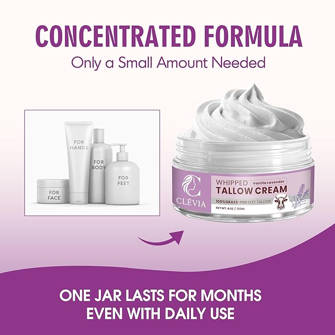 100% Grass-Fed Whipped Tallow Cream - 4 OZ Anti-Wrinkle Face+Body Balm – Organic Beef Tallow with Jojoba Oil – Deep Hydration for Dry, Sensitive & Irritated Skin (Vanilla Lavender)