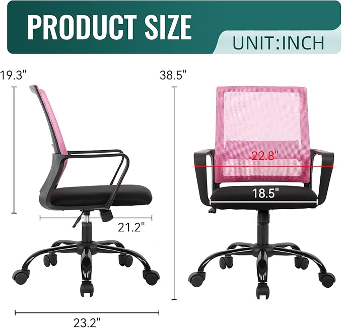 BestOffice Desk Chair Mesh Office Chair Ergonomic Computer Chair Executive Lumbar Support Adjustable Stool Rolling Swivel Chair,Pink