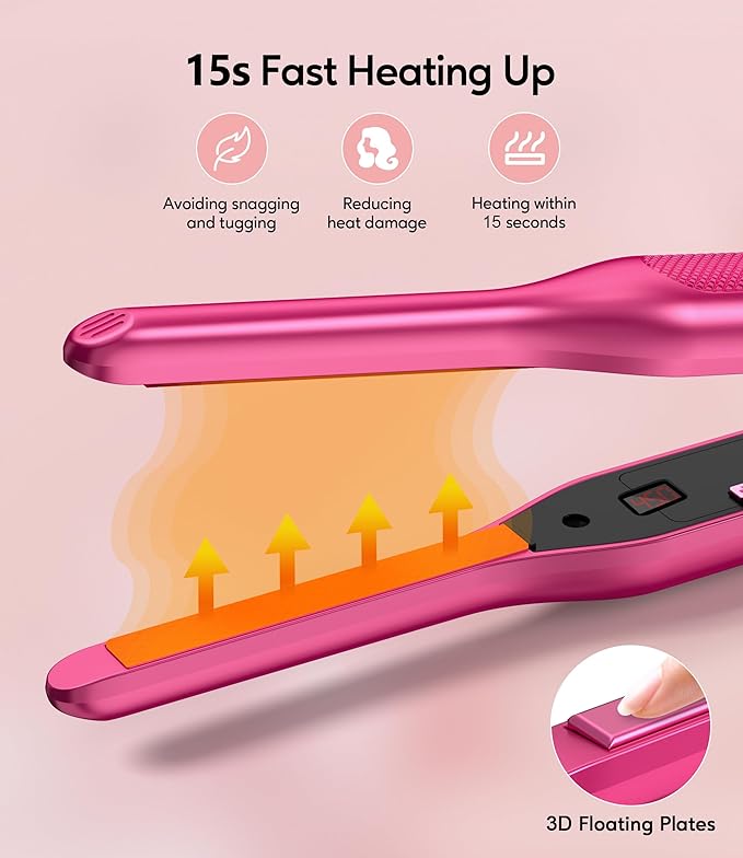 Terviiix Mini Flat Iron and Hair Straightener for Short Hair, Edges, and Pixie Cut - 3/10 Inch Skinny Pencil Straightener for Black Women's Baby Hair, LCD Digital Display, Dual Voltage, Pink