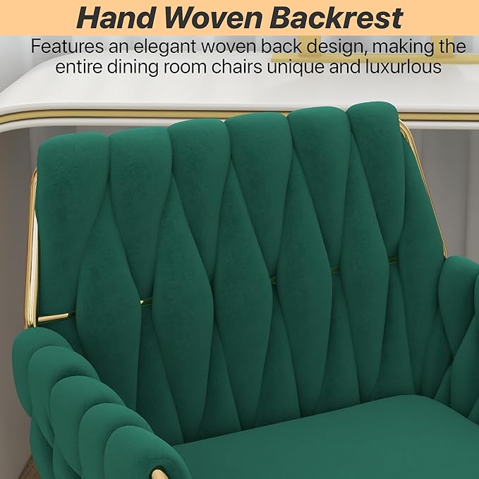Velvet Home Office Chair, Modern Height Adjustable Cute Vanity Chair, 360° Swivel Makeup Chair Desk Chair with Golden Base and Hand Woven Backrest for Bedroom/Study/Vanity(Green)