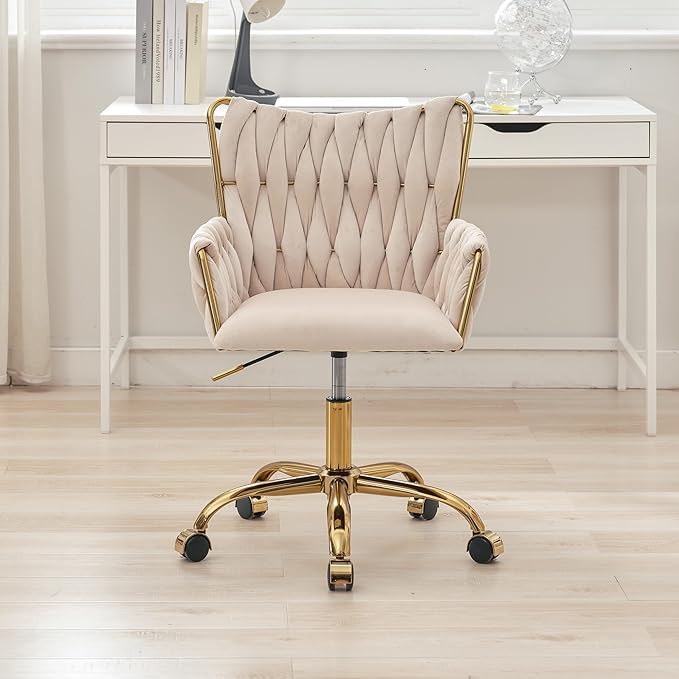 Westice Velvet Desk Chair, Home Office Gold Comfy Chair with Hand Woven Back, Height Adjustable Swivel Chair with Comfy Upholster for Makeup Vanity Living Room Bedroom, Beige