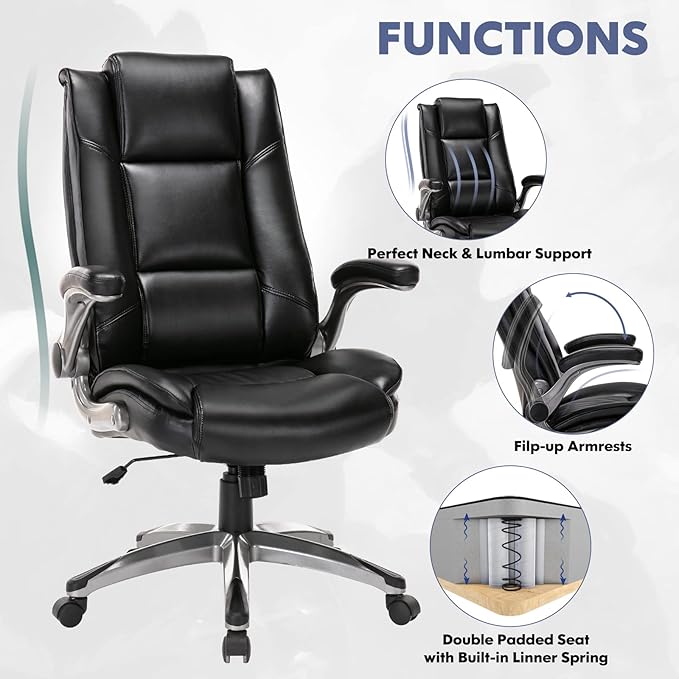 Leather Executive Office Chair - High Back Home Computer Desk Chair with Padded Flip-up Arms, Adjustable Tilt Lock, Swivel Rolling Ergonomic Chair for Adult Working Study, Black