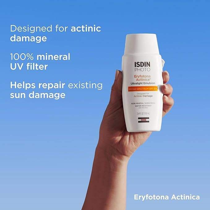 ISDIN Eryfotona Actinica Zinc Oxide sunscreen with 100% mineral UV filter Broad Spectrum SPF 50, No White Cast, Suitable for Sensitive Skin, 3.4 Fl Oz