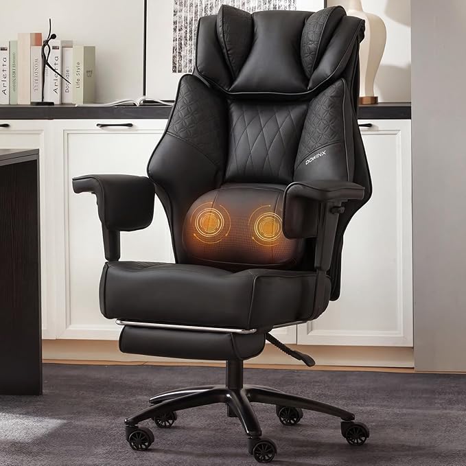 Dowinx Big and Tall Office Chair with Massage Lumbar Support,Executive Office Chair with Wide Thick Seat Cushion and Adjustable Armrest,Computer Gaming Chairs with Footrest (Black,PU Leather)