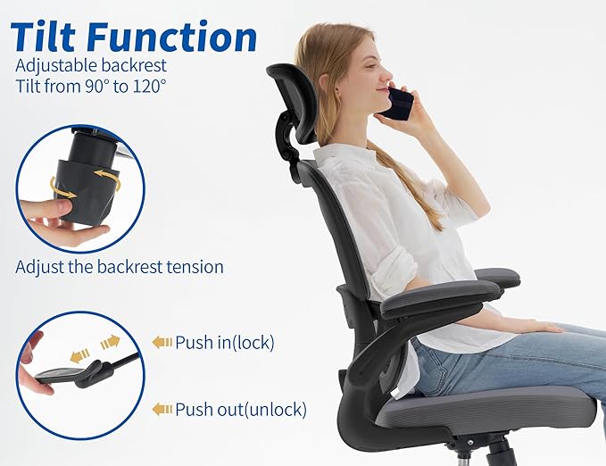 TRALT Ergonomic Office Chair - Desk Chair with Adjustable Headrest Lumbar Support Computer Chair - Mesh Comfy Chair with Flip-up Armrests - Gaming Chairs for Adults Home Office (Leather, Dark Grey)