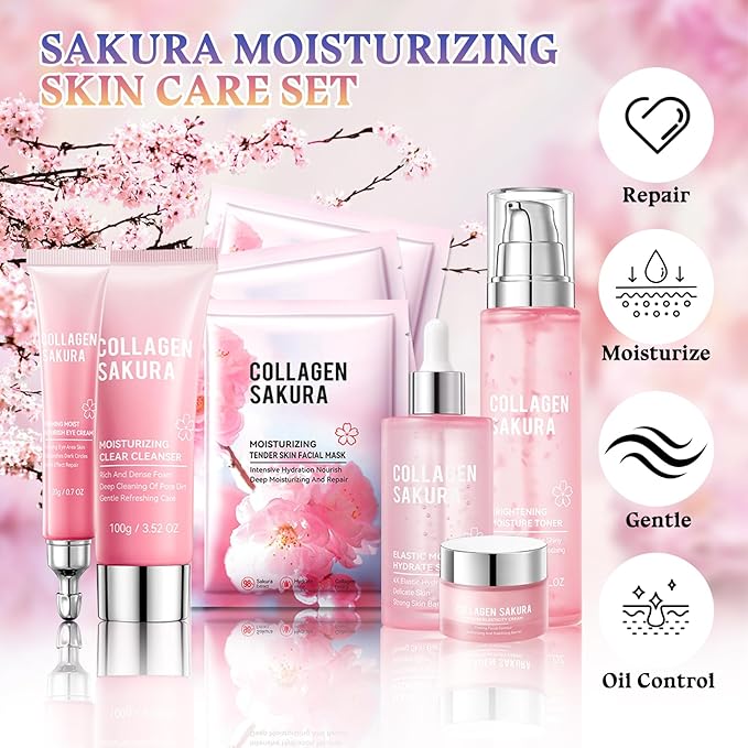 Sakura Skin Care Set,8 Pcs Hydrating Skincare Set Facial Kit for Women and Girls,Moisturizing Skin Care Kit with Facial Cleanser,Toner,Facial Serum,Face Masks,Eye Cream and Face Cream