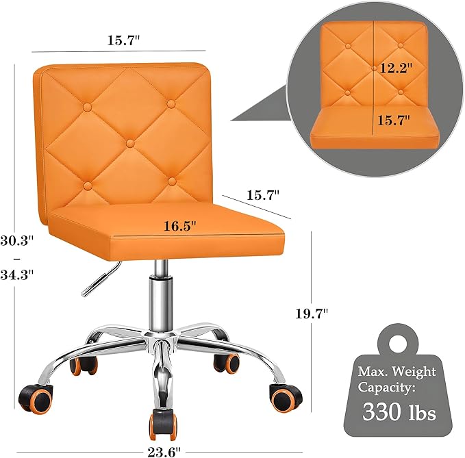 VECELO PU Leather Mid-Back Armless Vanity Chair Adjustable Height 360° Rolling Swivel for Home Office Work