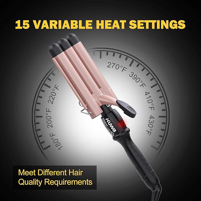 kuwa Crimper Hair Tool, 15 Variable Temperature with LCD Display Hair Crimper, Waver Hair Tool,3 Barrel Curling Iron, hairCrimper for Women,Long-Lasting Natural Tight Waves