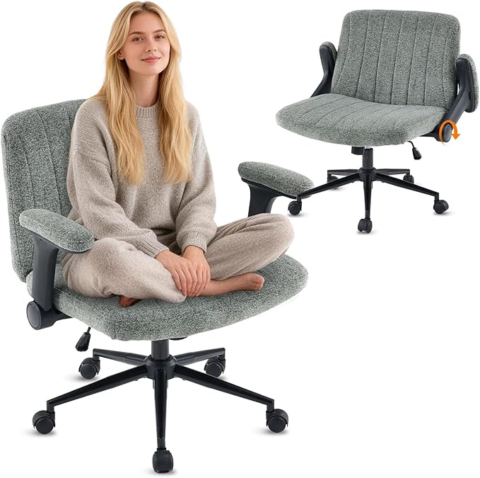 VINGLI Criss Cross Chair with Adjustable Flip-Up Arms,Cross Legged Chair with Wheels, Extra Wide Office Chair,Cozy Desk Chair for Home Office, Vanity, Apartment,Chenille Velvet,Dark Green