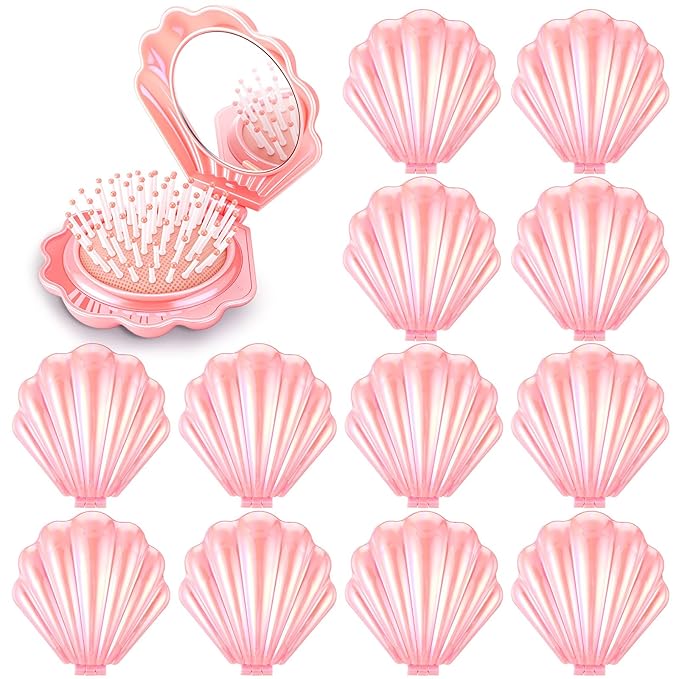 Meanplan 12 Pcs Mermaid Party Favors Shell Hair Brush with Mirror Foldable Mini Travel Pocket Hair Brush Compact Makeup Comb for Women Girls Valentines Day Birthday Gifts(Pink)