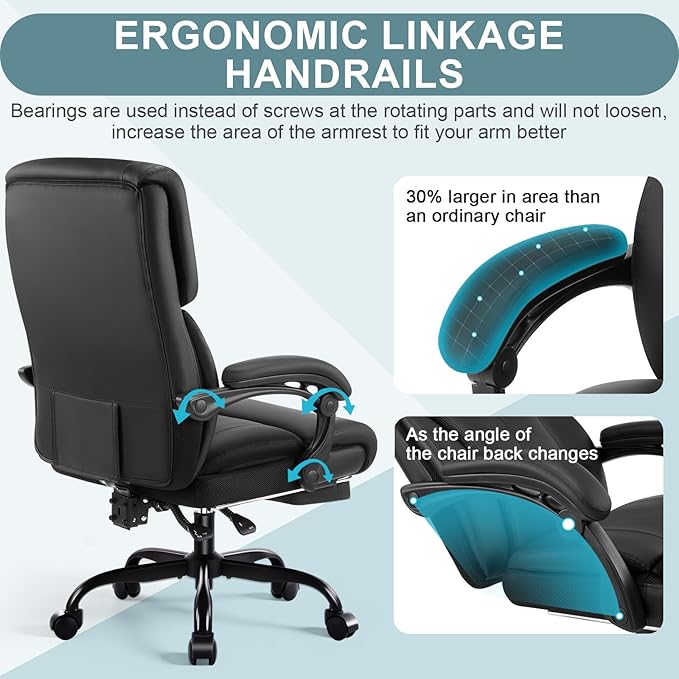 Executive Office Chair,High Back Ergonomic Comfy Desk Chair with Footrest and Padded Linkage Armrests,PU Leather Heavy Duty Computer Swivel Rolling Task Chair for Home Office,Adults,Black