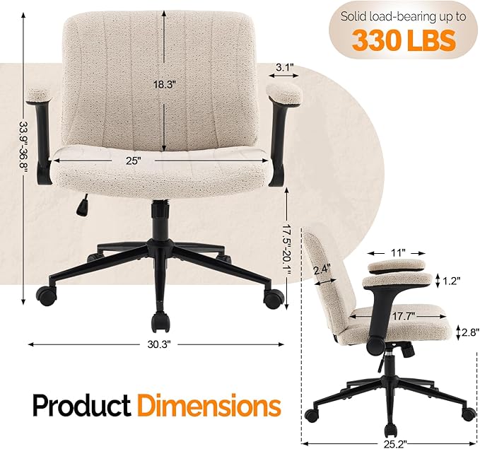VINGLI Criss Cross Chair with Adjustable Flip-Up Arms,Cross Legged Chair with Wheels,Extra Wide Office Chair,Desk Chair for Home Office,Vanity,Bedroom, Apartment,Starry Chenille,Khaki