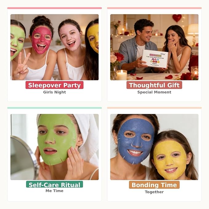 Collagen Face Mask Set - 7 Color Hydrating Sheet Masks for Women & Teens, Gentle Formula for Sensitive Skin, Spa Gift Set for Girls, Birthday Gifts for Her（7 Pack