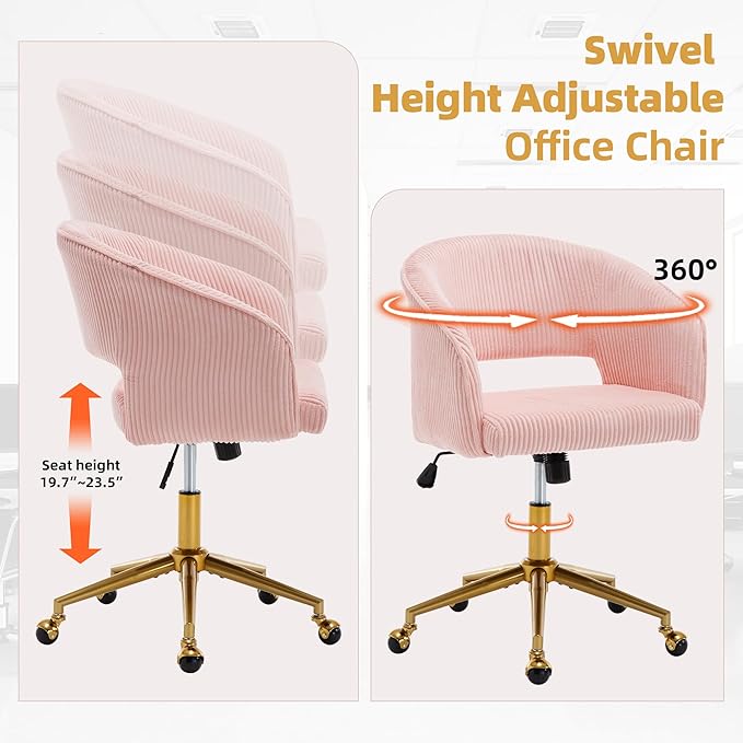 Westice Home Office Desk Chairs, Modern Corduroy Rolling Chair, Height Adjustable Swivel Vanity Chair with Golden Base, Ergonomic Chair for Vanity Study, Living Room Computer Room, Pink