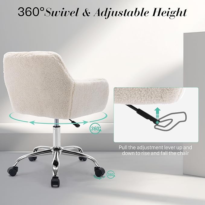 Faux Fur 360°Swivel Desk Chair, Height Adjustable Home Office Armchair with Slivery Base for Teens Women Girls, Upholstery Computer Chair for Home Studios, Sherpa & White