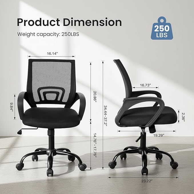 DUMOS Office Chair - Ergonomic Mid Back Mesh Desk Chair with Lumbar Support & Rocking Mode, Height Adjustable with Fixed Armrest, Computer, Gaming, Conference, 360° Swivel, Black