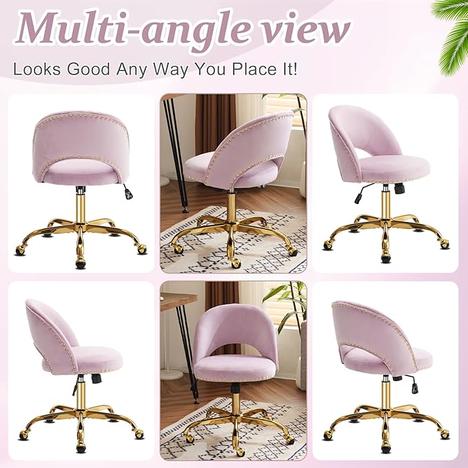VINGLI Modern Velvet Small Office Chair,Cute Desk Chair With Wheels,Gold Base/Studs,Comfy Armless Swivel Vanity Task Chair For Women/Girl/Kids,Nail Tech Chair For Office,Small Space,Mauve Light Purple