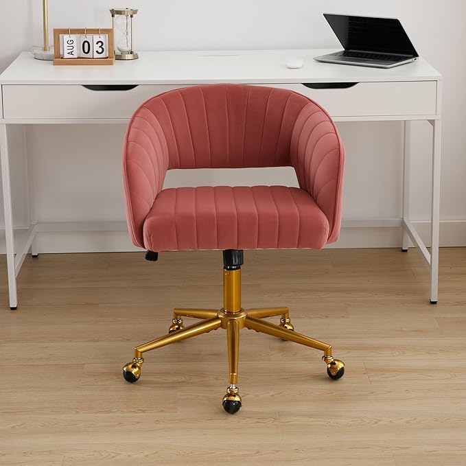 Westice Home Office Desk Chairs, Modern Velvet Desk Chair, Height Adjustable Swivel Vanity Chair with Golden Base, Ergonomic Chair for Vanity Study, Living Room Computer Room, Bean Paste Red