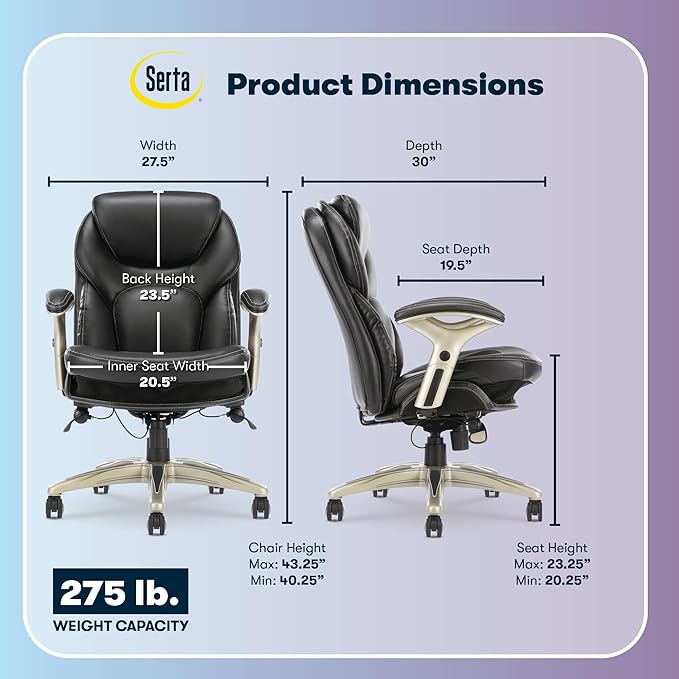 Serta Claremont Ergonomic Executive Office Chair with Back in Motion Technology, Adjustable Mid Back Desk Chair with Lumbar Support, Bonded Leather, Black