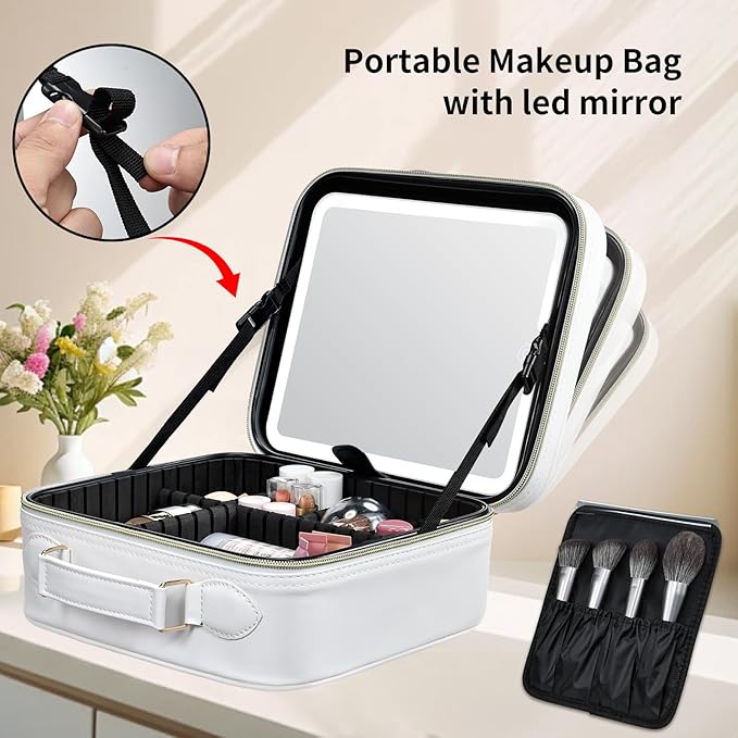 Travel Makeup Bag with LED Mirror 3 Color Modes,10.2-in White Vegan Leather Makeup Organizer Bag with Adjustable EVA Dividers and Independent Brush Panel