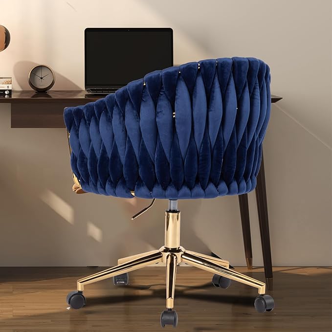 Velvet Office Chair with Back, Vanity Chairs with Wheels, 360° Swivel Velvet Home Office Desk Chair, Accent Chair Makeup Vanity Chair for Bedroom, Living Room(Blue)