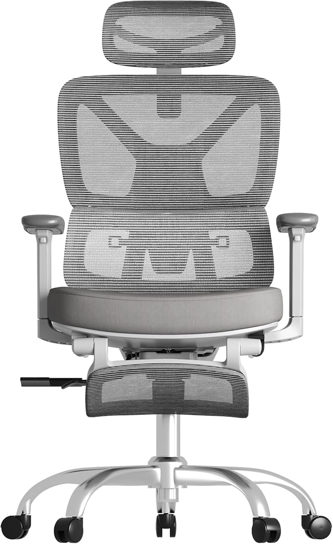 FLEXISPOT ErgoX Premium Ergonomic Office Chair with Footrest- Adjustable 3D Armrests, Dynamic Lumbar Support, Recline & Tilt Function, Mesh Seat, for Home & Office Use,Light Grey Foam
