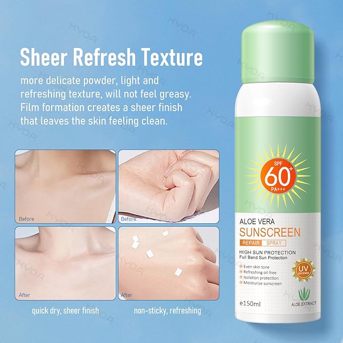 KYDA Aloe Sunscreen Spray SPF 60 PA+++, Moisturizing Suncreen with Skincare Formula, Water Resistant, Non-Greasy UV Protection for Face & Body, 5.07 fl oz