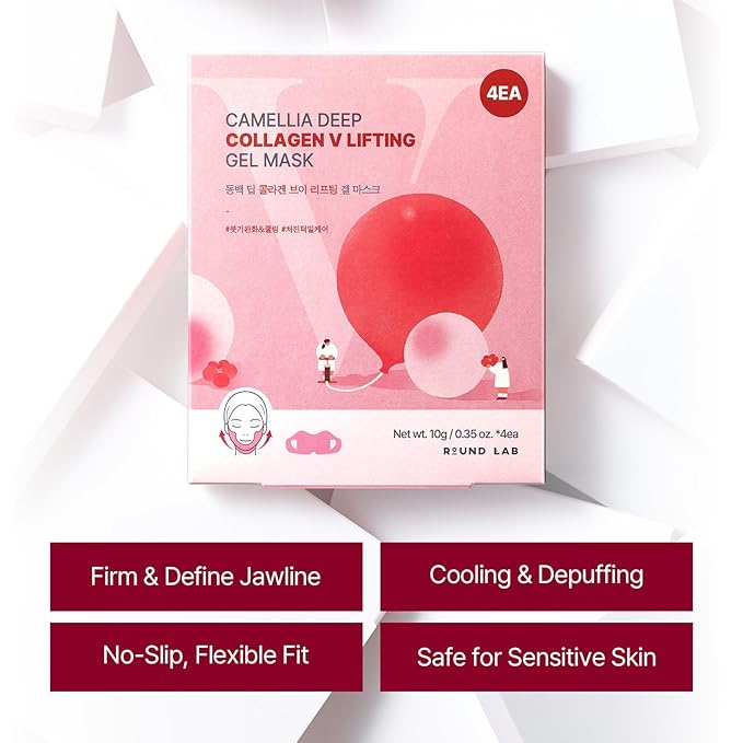 ROUND LAB Camellia Deep Collagen V Lifting Gel Mask 4ea | Double-chin Turkey Neck Instant Face Lifting Mask, Cooling and Depuffing Face Toning Belt, Firming Sagging Skin, Korean Skin Care, 10g/0.35oz
