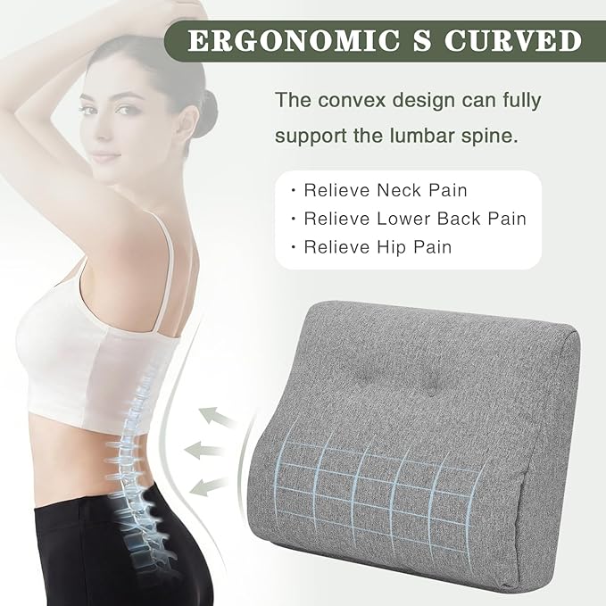baibu Lumbar Support Pillow for Recliner, Large Memory Foam Dual-Layer Patent Design Back Support Cushion for Sofa & Gaming Chair, Ergonomic Lumbar Pillow with Machine Washable Cover, Light Grey