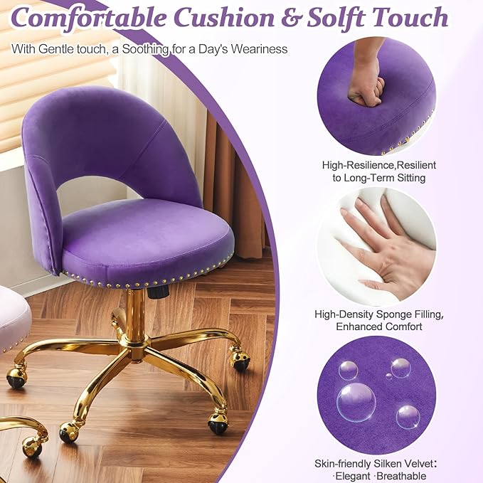 VINGLI Modern Velvet Small Office Chair,Cute Desk Chair with Wheels,Gold Base/Studs, Comfy Armless Swivel Vanity Task Chair for Women/Girl/Kids, Nail Tech Chair for Bedroom,Small Space,Violet Purple