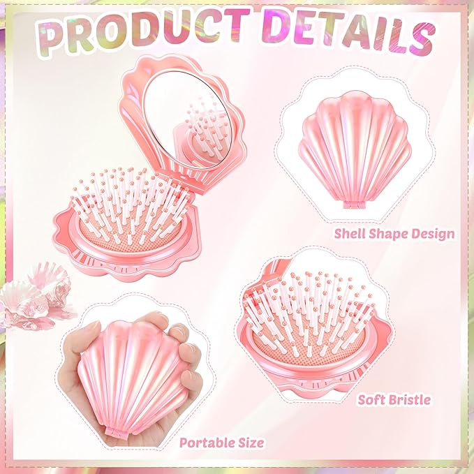 Meanplan 12 Pcs Mermaid Party Favors Shell Hair Brush with Mirror Foldable Mini Travel Pocket Hair Brush Compact Makeup Comb for Women Girls Valentines Day Birthday Gifts(Pink)