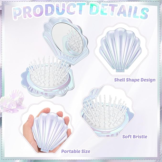 Meanplan 12 Pcs Mermaid Party Favors Shell Hair Brush with Mirror Foldable Mini Travel Pocket Hair Brush Compact Makeup Comb for Women Girls Valentines Day Birthday Gifts(White)