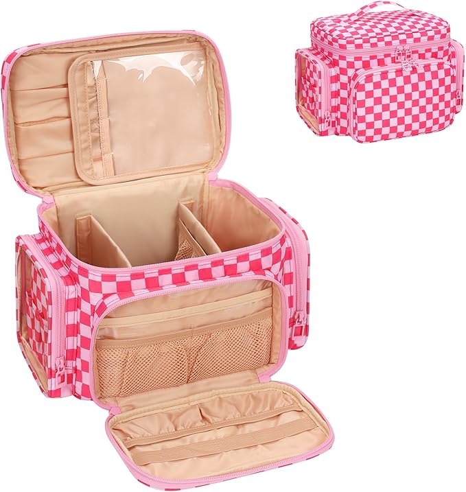 Large Checkered Makeup Bag, Travel Makeup Bag Organizer for Women Girls with Makeup Brush Compartment & Two Side Pockets, Cosmetic Travel Bag Vertical Storage Toiletry Bag- Hotpink