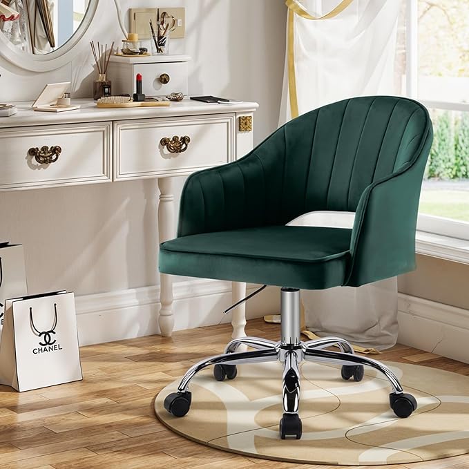 MOJAY Modern Mid-Back Tufted Velvet Office Chair, Swivel Height-Adjustable Home Desk Chair,Cute Velvet Soft Seat Vanity Chair with Rivet and Arm Support (Green2)