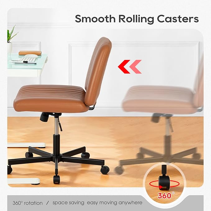 PayLessHere Criss Cross Chair Wide, Armless Office Desk Chair,Backrest Vanity Chair with Wheels 360 Swivel, Height Adjustable for Home Office, Home Office Brown
