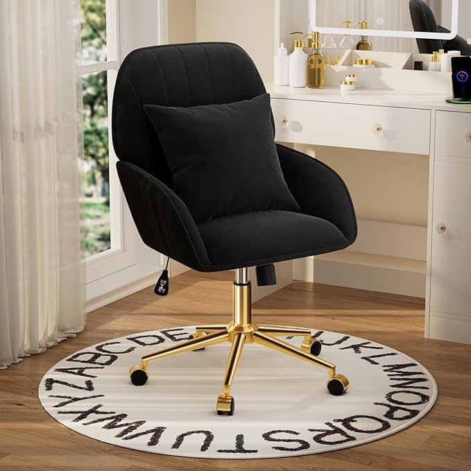 Home Office Desk Chair Comfy with Adjustable Swivel Wheels, Modern Velvet Makeup Vanity Chair with Back & Pillow, Ergonomic Office Chair Computer Task Chair for Living Room, Bedroom, Black