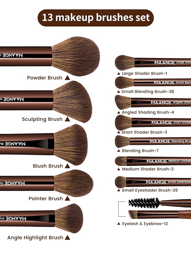 MAANGE 13 PCS Makeup Brushes Professional Make Up Brushes Premium Synthetic Powder Concealers Brushes Travel Makeup Brush Set with Case (Brown)