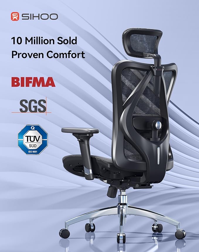 SIHOO M57 Ergonomic Mesh Office Chair, High Back Home Desk Chair with 3D Armrests, Lumbar Support and Adjustable Headrest, Comfortable Computer Chair, Big & Tall Office Chair Hold 330 LBS-Black