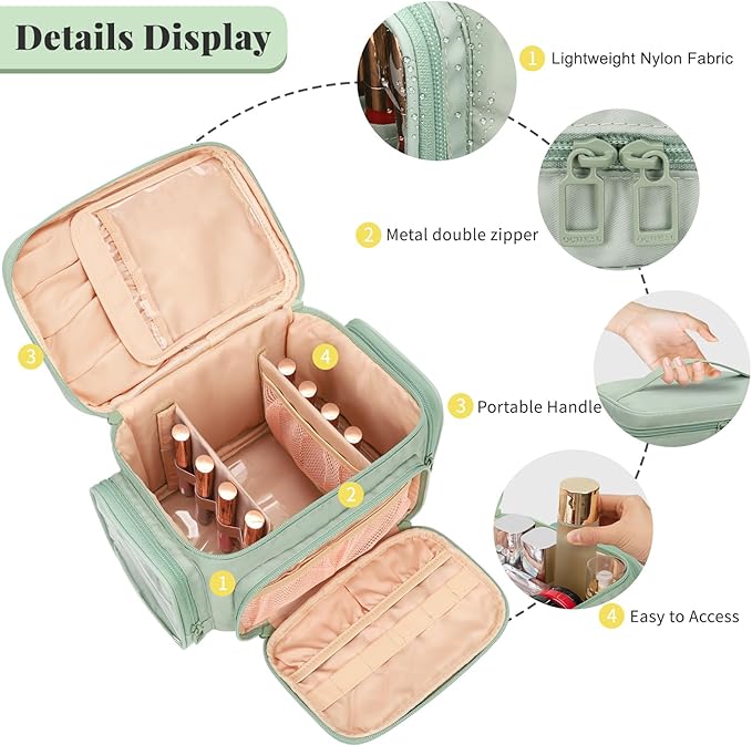Large Makeup Bag, Portable Travel Makeup Bag Organizer for Women Girls with Makeup Brush Compartment & Two Side Pockets, Cosmetic Travel Bag Vertical Storage Toiletry - Green