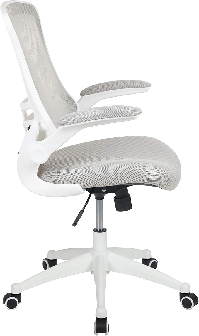 Flash Furniture Kelista Mid-Back Swivel Office Chair with Adjustable Lumbar Support and Seat Height, Ergonomic Mesh Desk Chair with Flip-Up Armrests, Gray/White