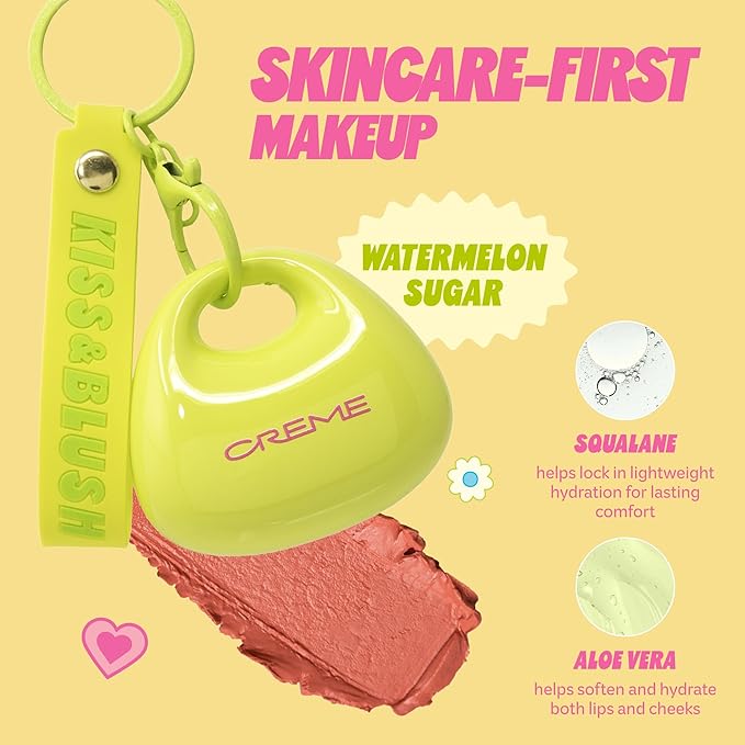 The Crème Shop Kiss & Blush Tinted Lip Balm & Blush, Korean Makeup for Lips & Cheeks, Cute Charm Key Chain, Hydrating, Long Lasting Tint, Aloe, Squalane- Watermelon Sugar